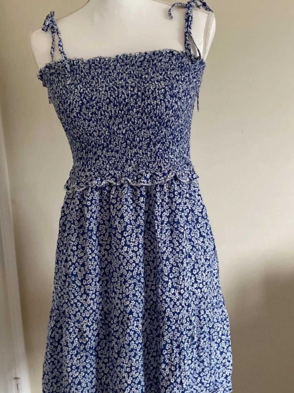 Blue Floral Smocked Sundress with Tie Straps
